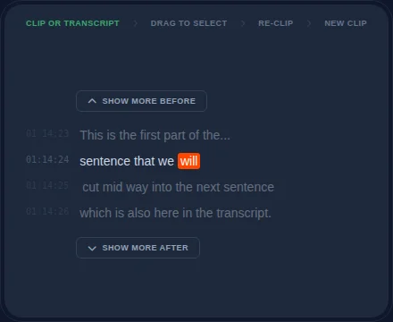 Context-Aware Recutting animation showing the clip or transcript, drag to select, re-clip, and new clip workflow